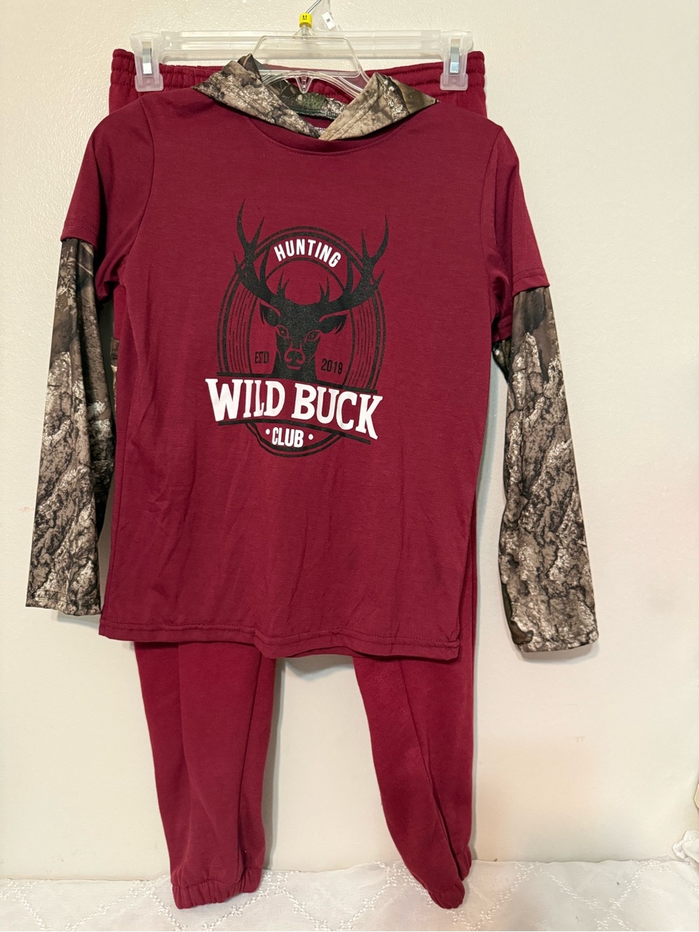 Essentials Maroon Hoodie and Jogger Set with Camo Sleeves